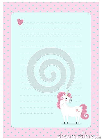 Letter, blank, wish list, page for notes in childish style in unicorn theme. Vector Illustration